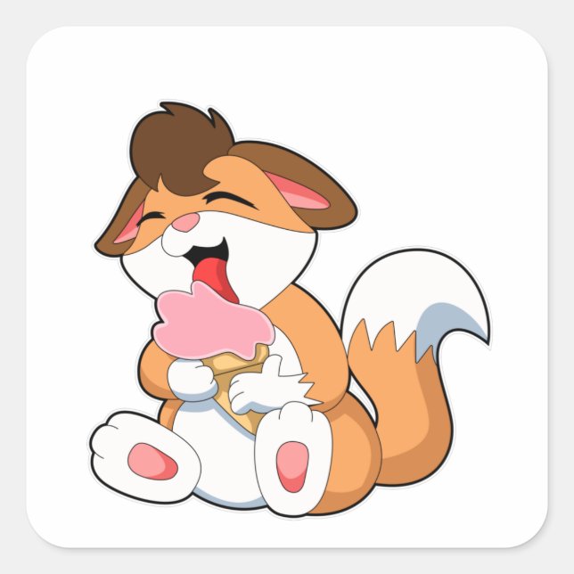 Fox with Strawberry Ice cream Square Sticker (Front)