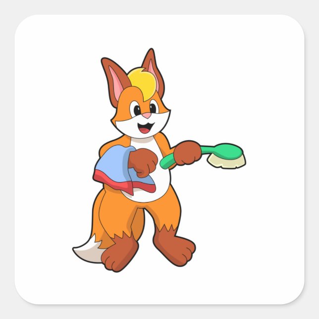 Fox with Towel & Brush Square Sticker (Front)