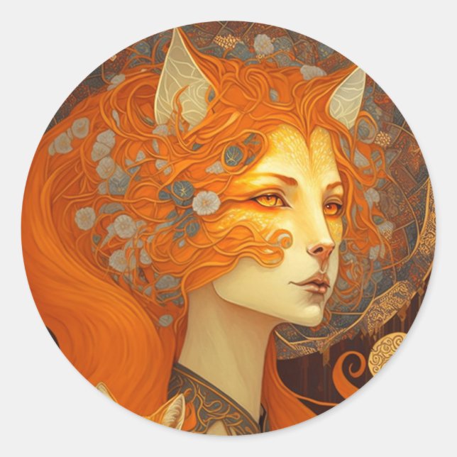Fox Woman Fantasy Art Classic Round Sticker (Front)