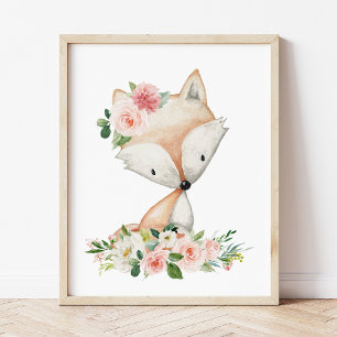 Fox, Woodland Animals, Boho, Pink Flowers Photo Print