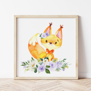 Fox, Woodland Animals, Boho, Purple Flowers Photo Print