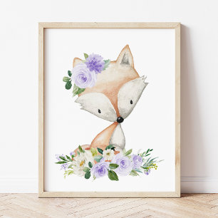 Fox, Woodland Animals, Boho, Purple Flowers Poster