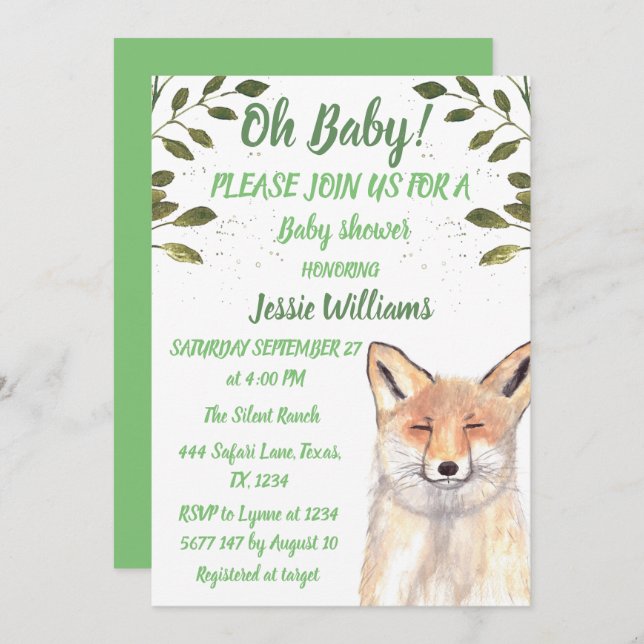  Fox Woodland animals Green Rustic Baby boy shower Invitation (Front/Back)