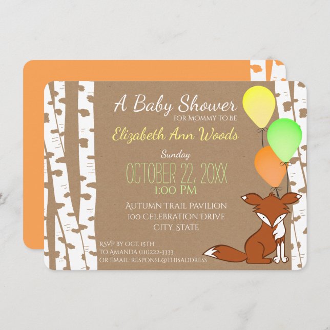Fox Woodland Birch Tree Baby Shower Invitation (Front/Back)