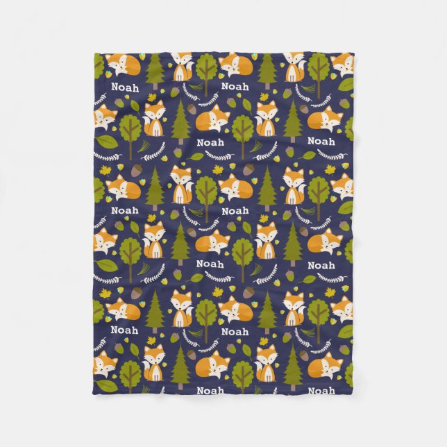 Fox Woodland Blue Personalised Fleece Blanket (Front)