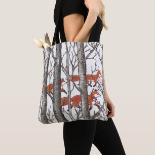 Fox Woods Wildlife Nature Trees Snow Grey Art Tote Bag