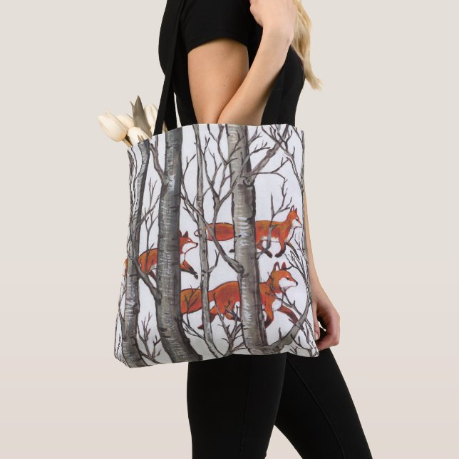 Fox Woods Wildlife Nature Trees Snow Grey Art Tote Bag (Close Up)