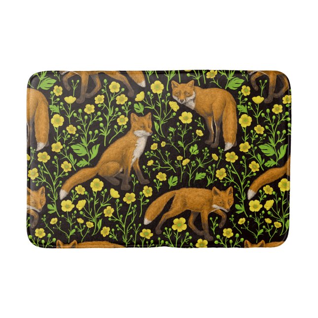Foxes and buttercups on black bath mat (Front)