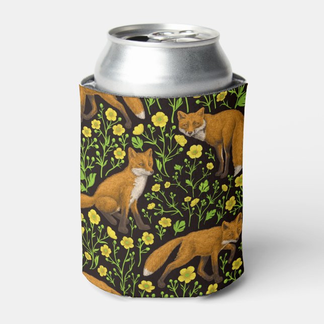 Foxes and buttercups on black can cooler (Can Front)