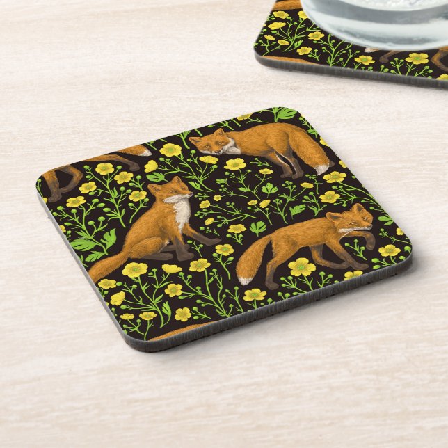 Foxes and buttercups on black coaster (Left Side)