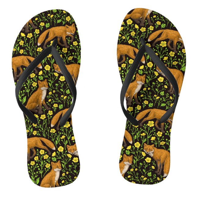 Foxes and buttercups on black flip flops (Footbed)