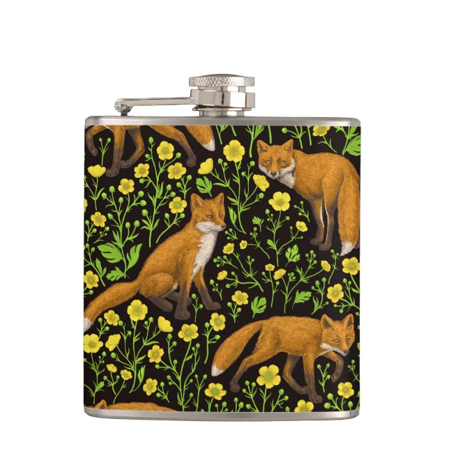 Foxes and buttercups on black hip flask (Front)