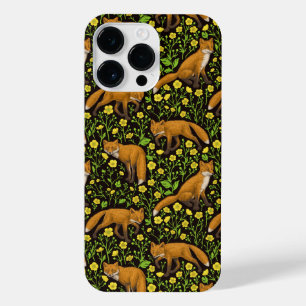 Foxes and buttercups on black iPhone 14 pro max case