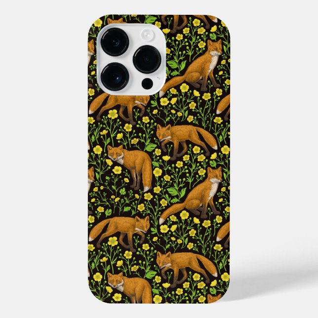 Foxes and buttercups on black iPhone case (Back)