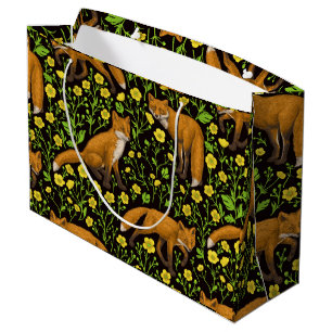 Foxes and buttercups on black large gift bag