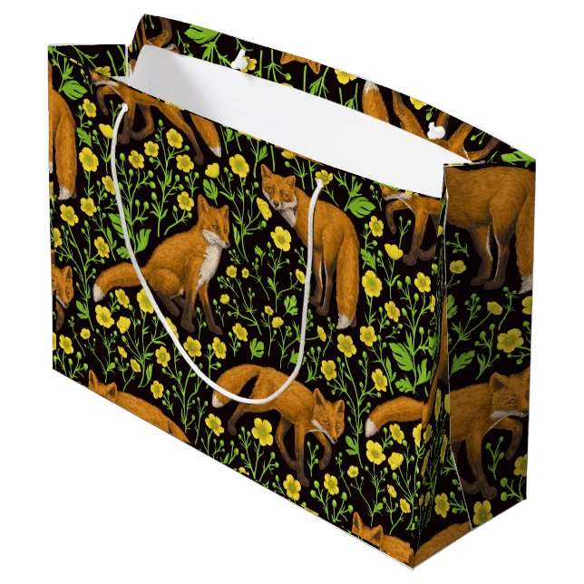 Foxes and buttercups on black large gift bag (Back Angled)