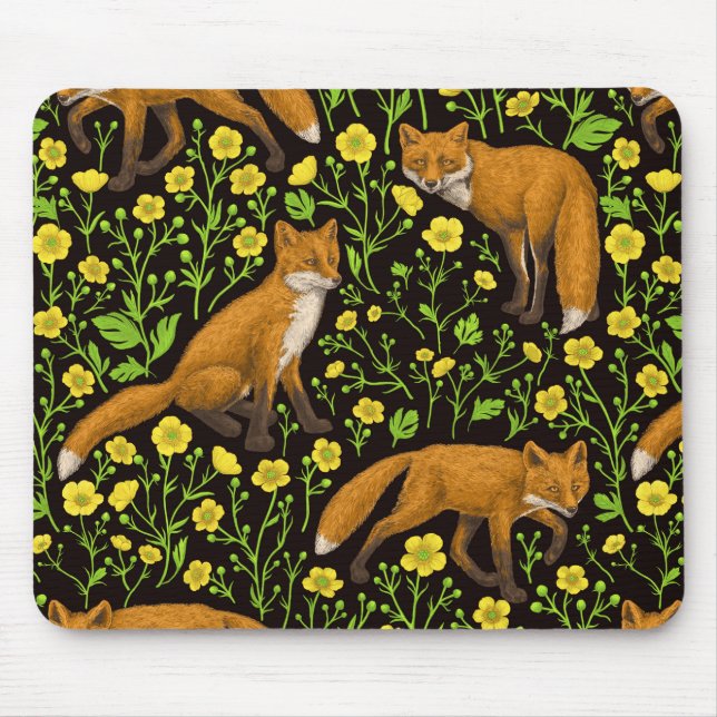 Foxes and buttercups on black mouse mat (Front)