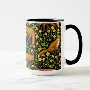Foxes and buttercups on black mug
