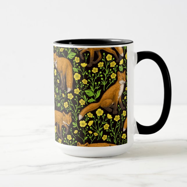 Foxes and buttercups on black mug (Right)