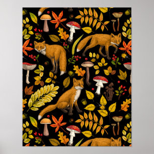Foxes and buttercups on black poster