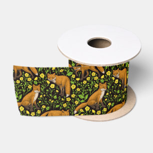 Foxes and buttercups on black satin ribbon