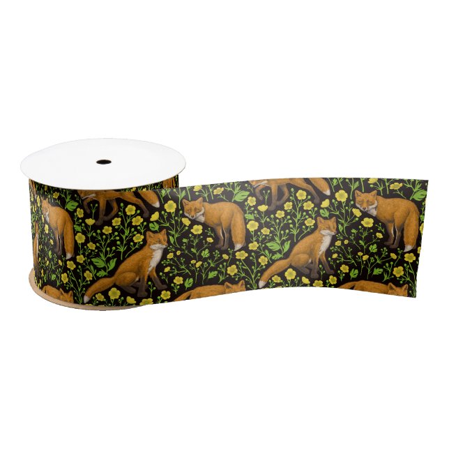 Foxes and buttercups on black satin ribbon (Spool)