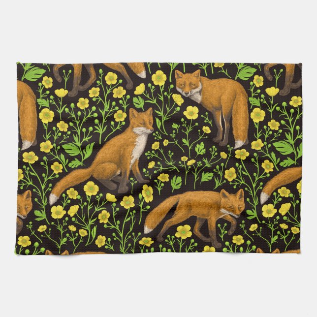 Foxes and buttercups on black tea towel (Horizontal)
