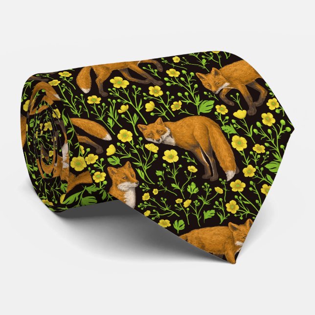 Foxes and buttercups on black tie (Rolled)