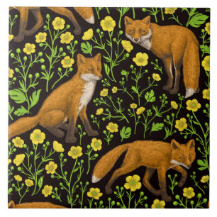Foxes and buttercups on black tile