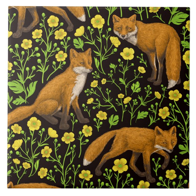 Foxes and buttercups on black tile (Front)