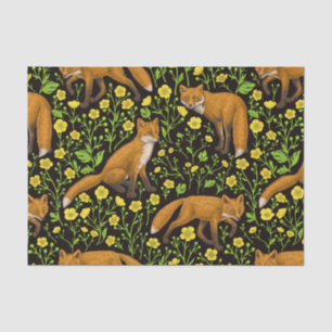 Foxes and buttercups on black tissue paper
