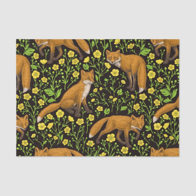 Foxes and buttercups on black tissue paper (Front)