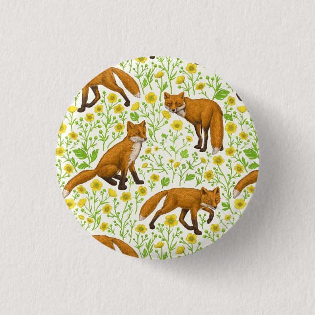 Foxes and buttercups on natural white 3 cm round badge (Front)