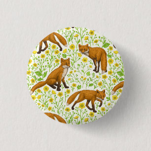 Foxes and buttercups on natural white 3 cm round badge
