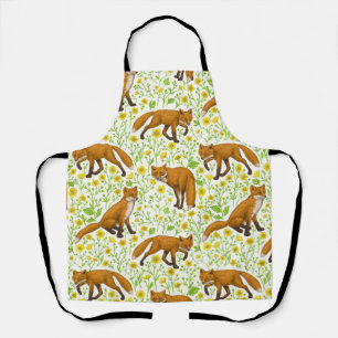 Foxes and buttercups on natural white apron