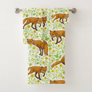 Foxes and buttercups on natural white bath towel set