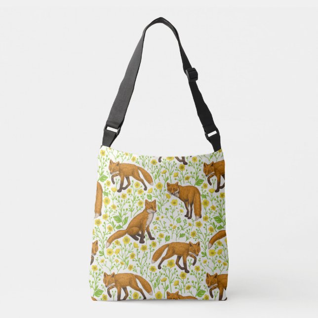 Foxes and buttercups on natural white crossbody bag (Front)