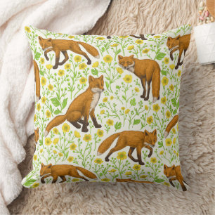 Foxes and buttercups on natural white cushion