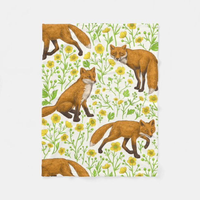 Foxes and buttercups on natural white fleece blanket (Front)