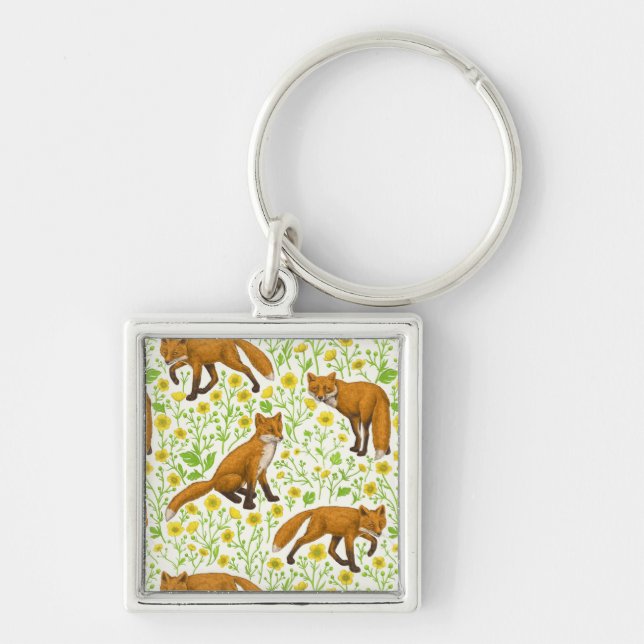 Foxes and buttercups on natural white key ring (Front)