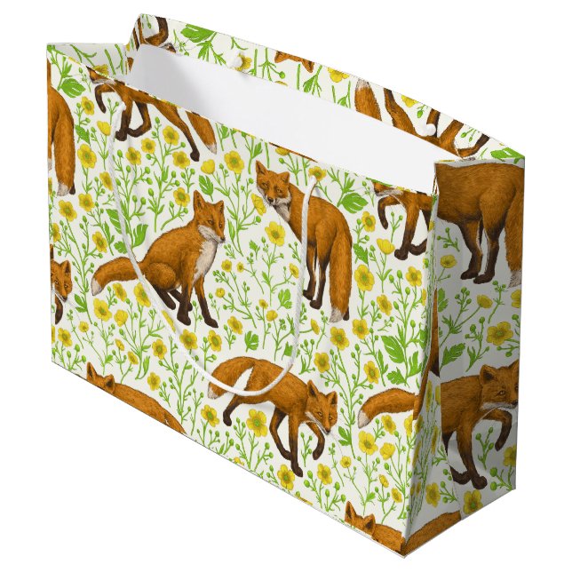 Foxes and buttercups on natural white large gift bag (Back Angled)