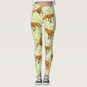 Foxes and buttercups on natural white leggings