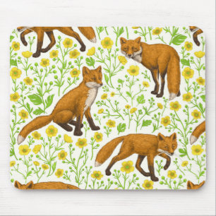 Foxes and buttercups on natural white mouse mat