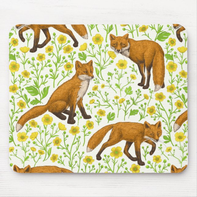 Foxes and buttercups on natural white mouse mat (Front)