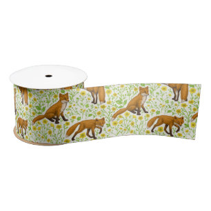 Foxes and buttercups on natural white satin ribbon