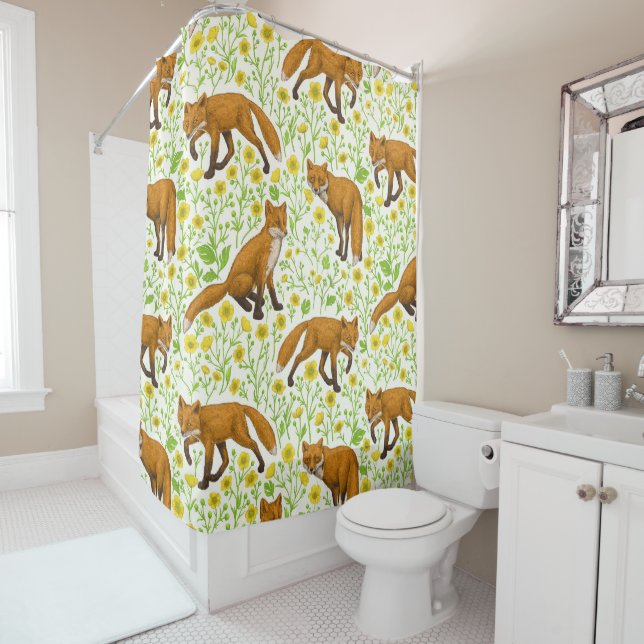 Foxes and buttercups on natural white shower curtain (In Situ)