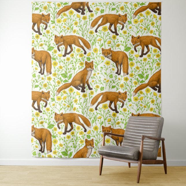 Foxes and buttercups on natural white tapestry (In Situ)