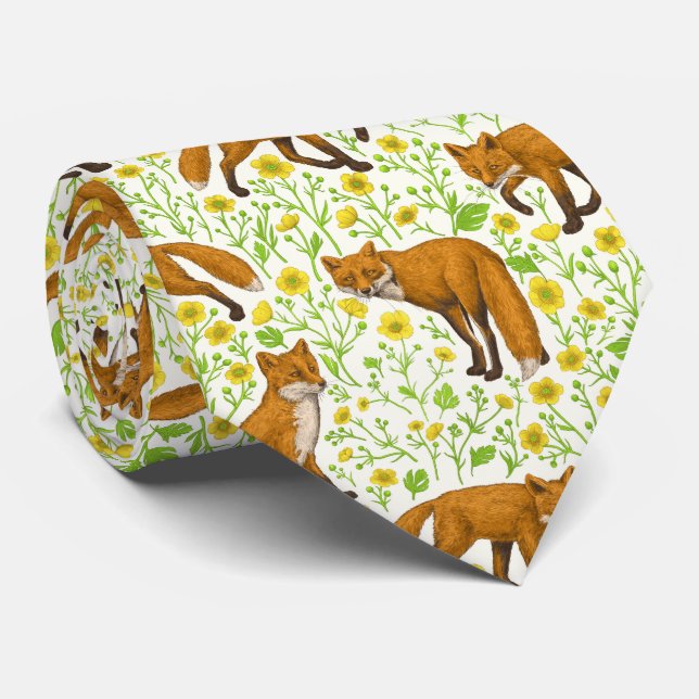 Foxes and buttercups on natural white tie (Rolled)