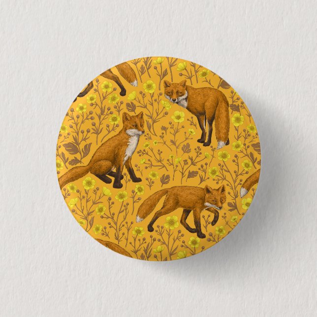 Foxes and buttercups on orange 3 cm round badge (Front)