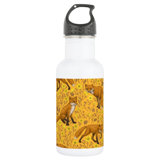 Foxes and buttercups on orange 532 ml water bottle (Front)